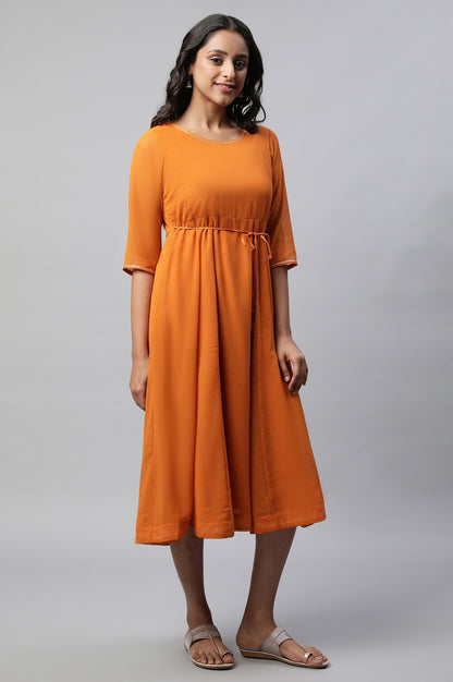 Orange Round Neck Foil Print Flared Dress