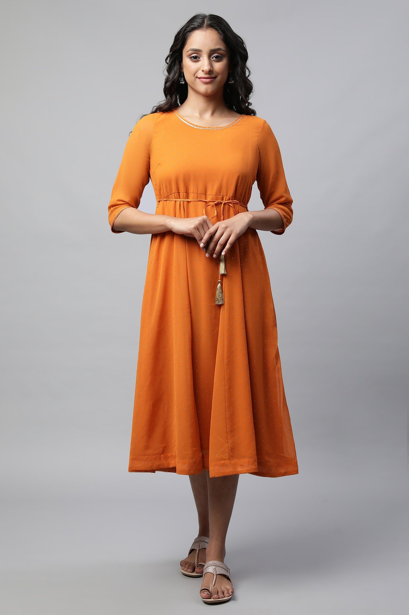 Orange Round Neck Foil Print Flared Dress