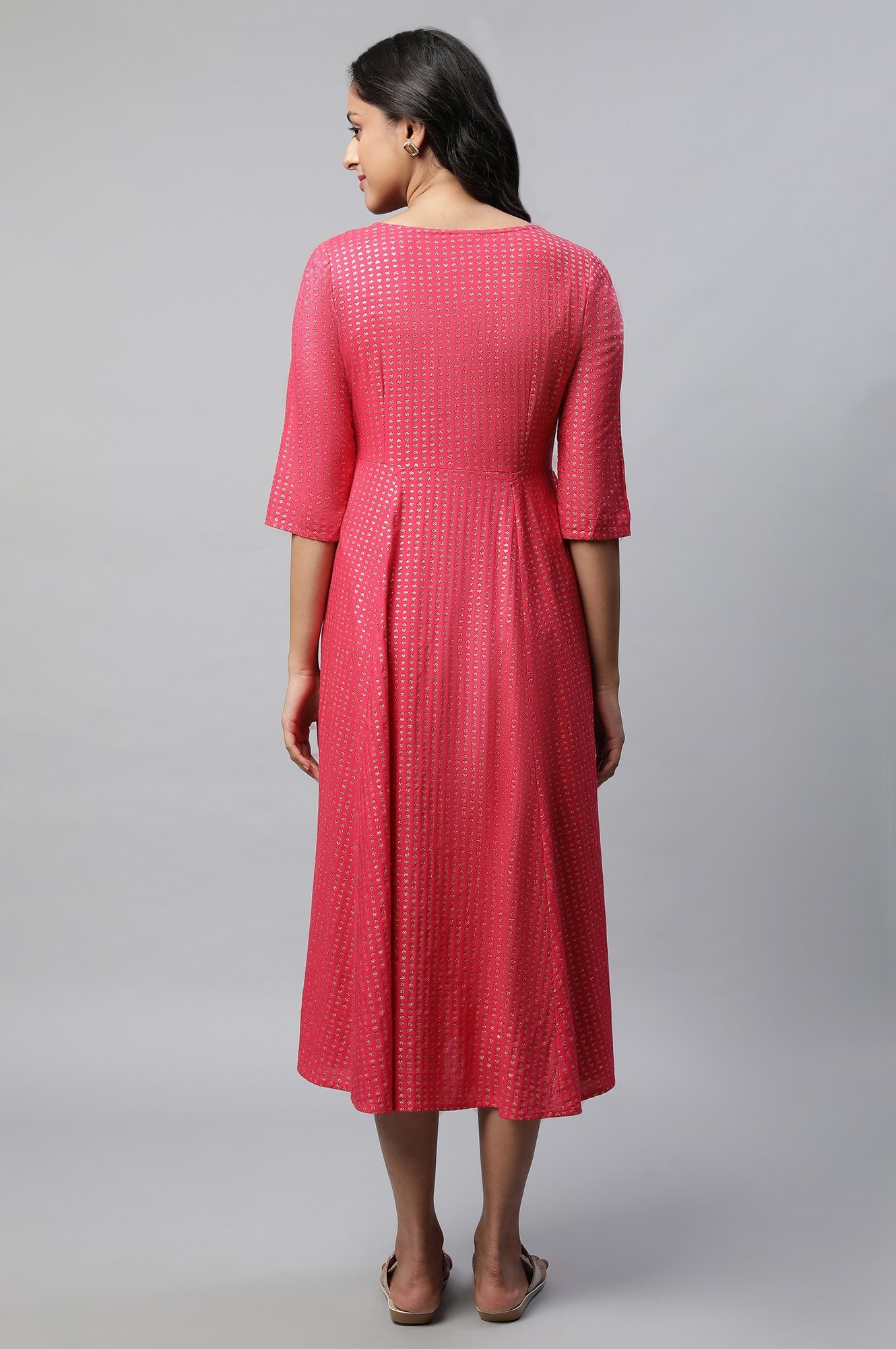 Pink Round Neck Printed Flared Dress