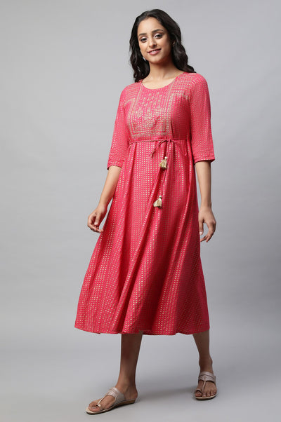 Pink Round Neck Printed Flared Dress