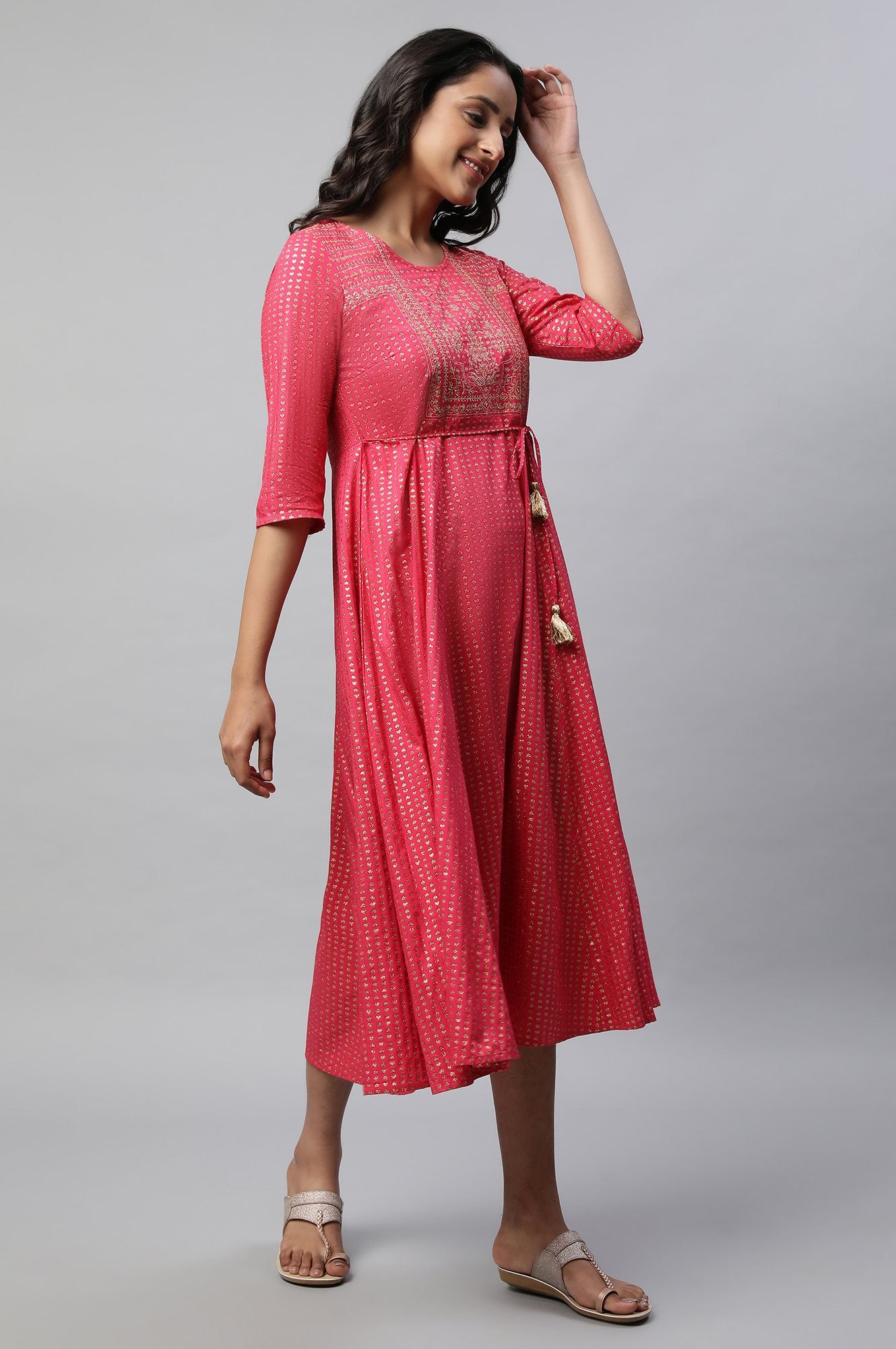 Pink Round Neck Printed Flared Dress