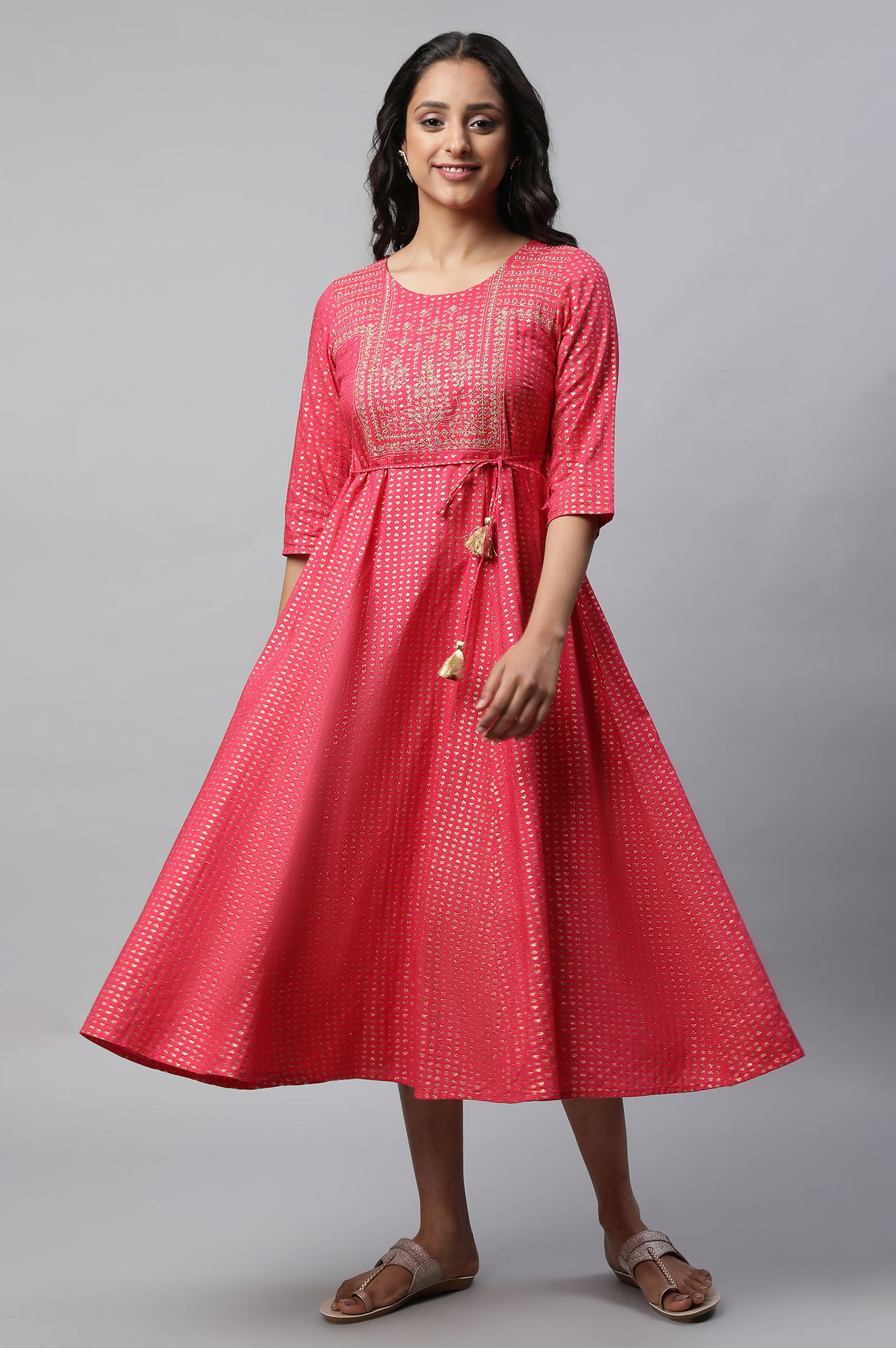 Pink Round Neck Printed Flared Dress