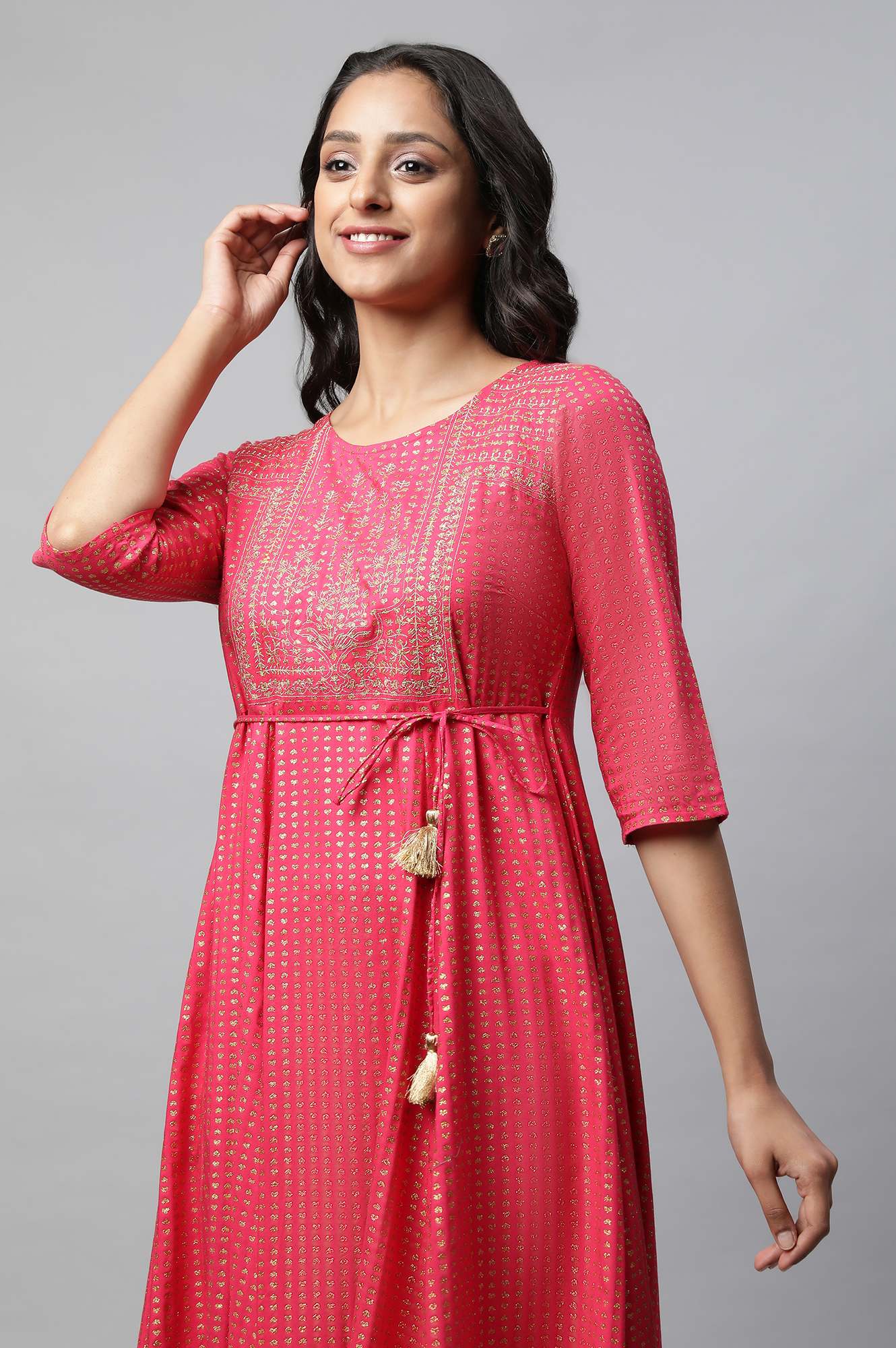 Pink Round Neck Printed Flared Dress