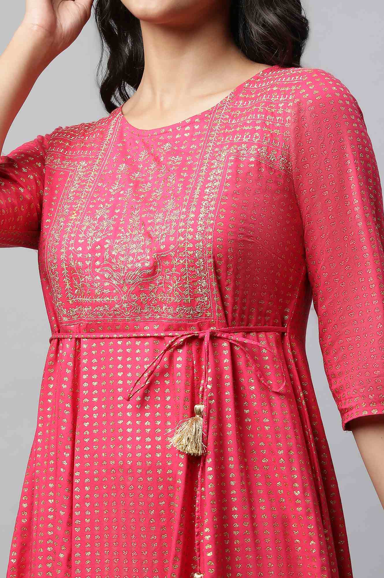 Pink Round Neck Printed Flared Dress