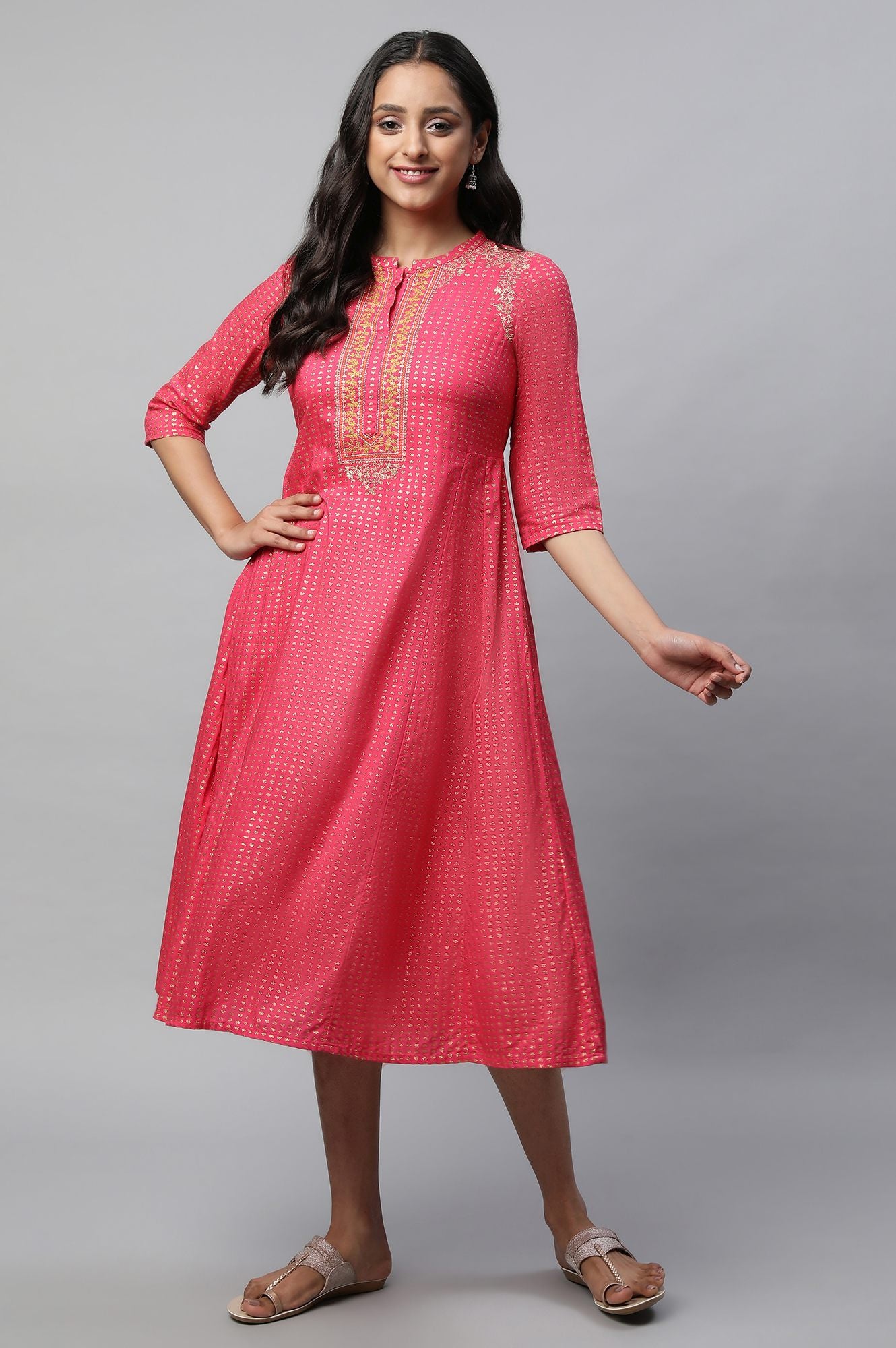 Pink Band Collar Printed Flared Dress