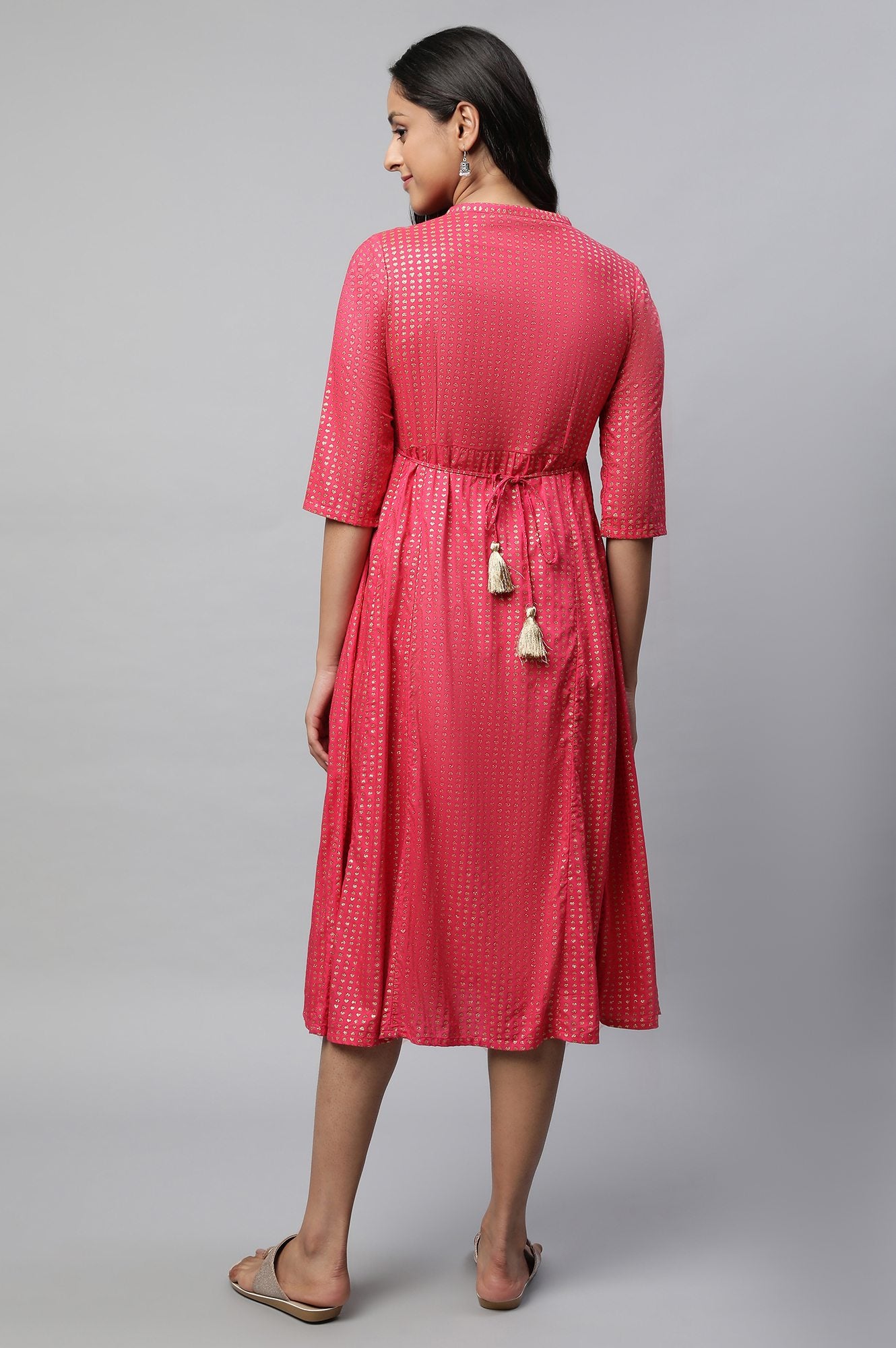 Pink Band Collar Printed Flared Dress