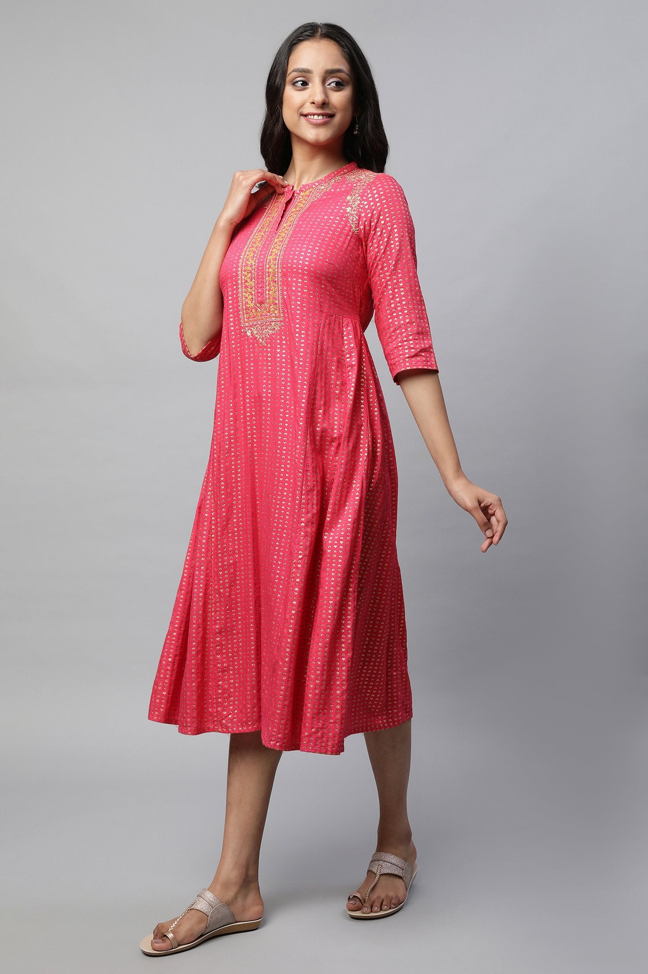 Pink Band Collar Printed Flared Dress