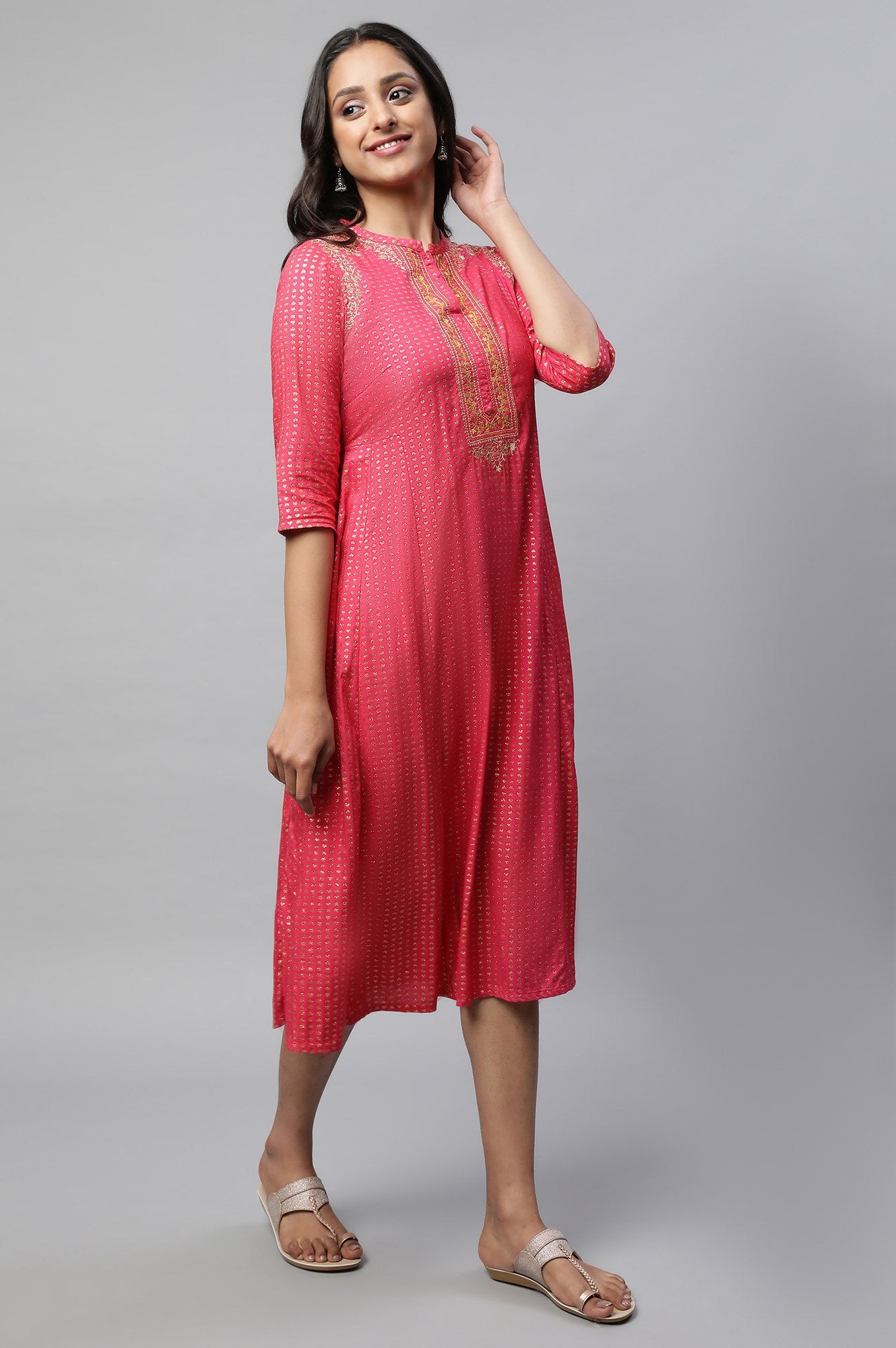 Pink Band Collar Printed Flared Dress