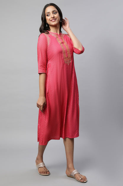 Pink Band Collar Printed Flared Dress