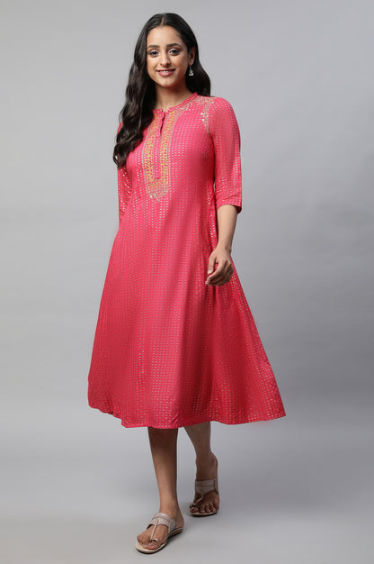 Pink Band Collar Printed Flared Dress