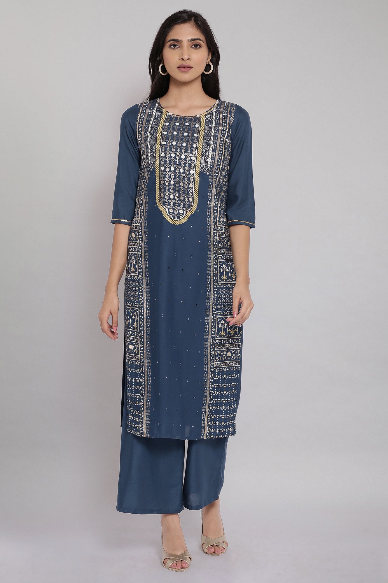 Blue Round Neck Foil Print kurta Set