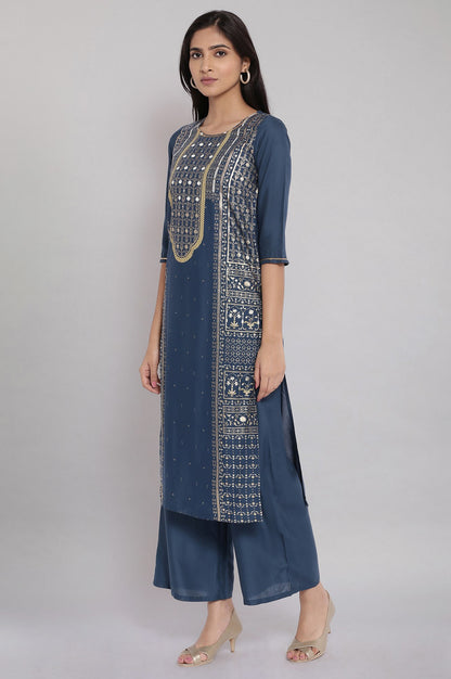 Blue Round Neck Foil Print kurta Set