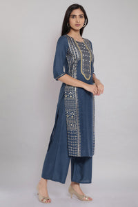 Blue Round Neck Foil Print kurta Set