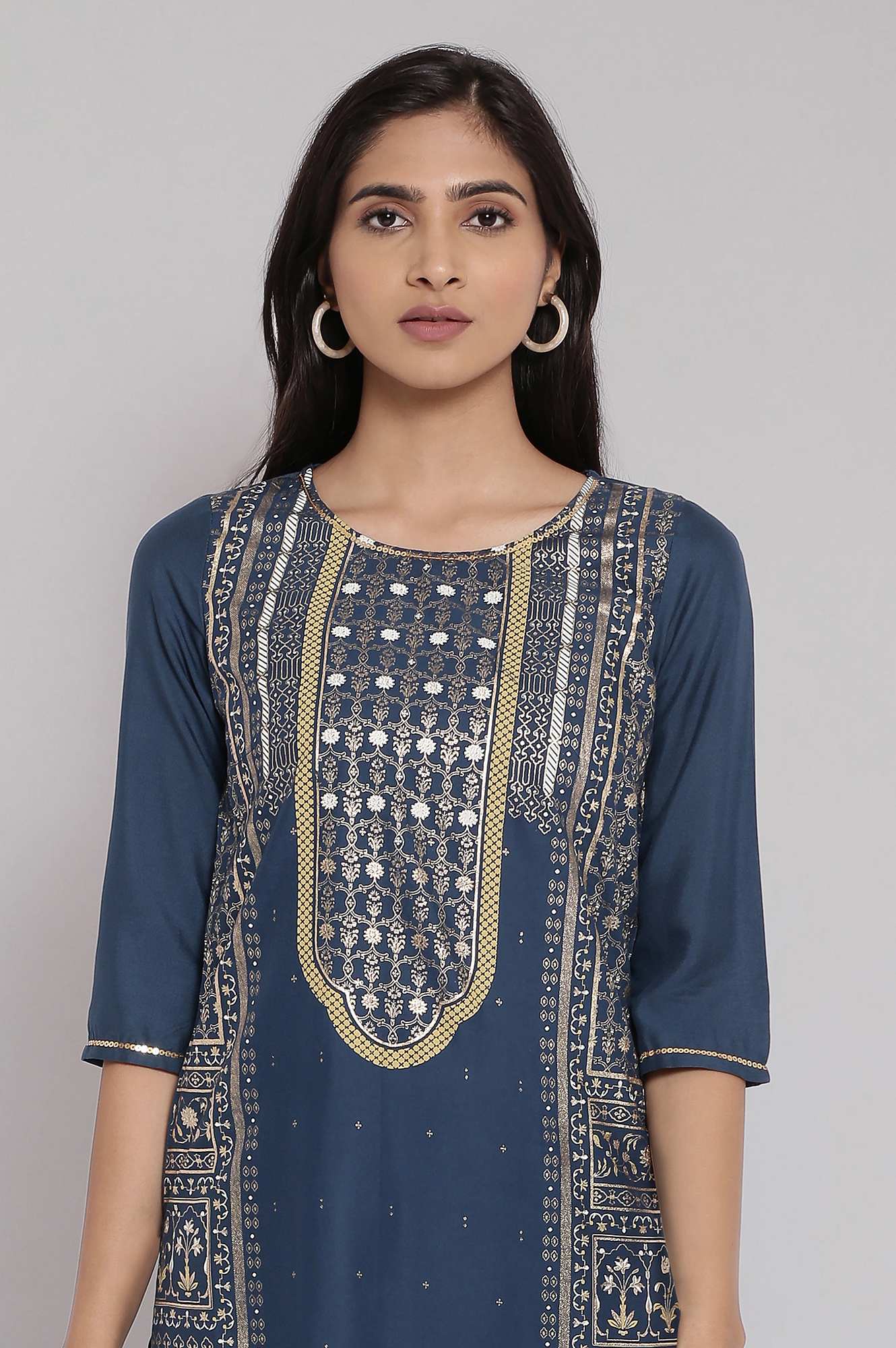 Blue Round Neck Foil Print kurta Set