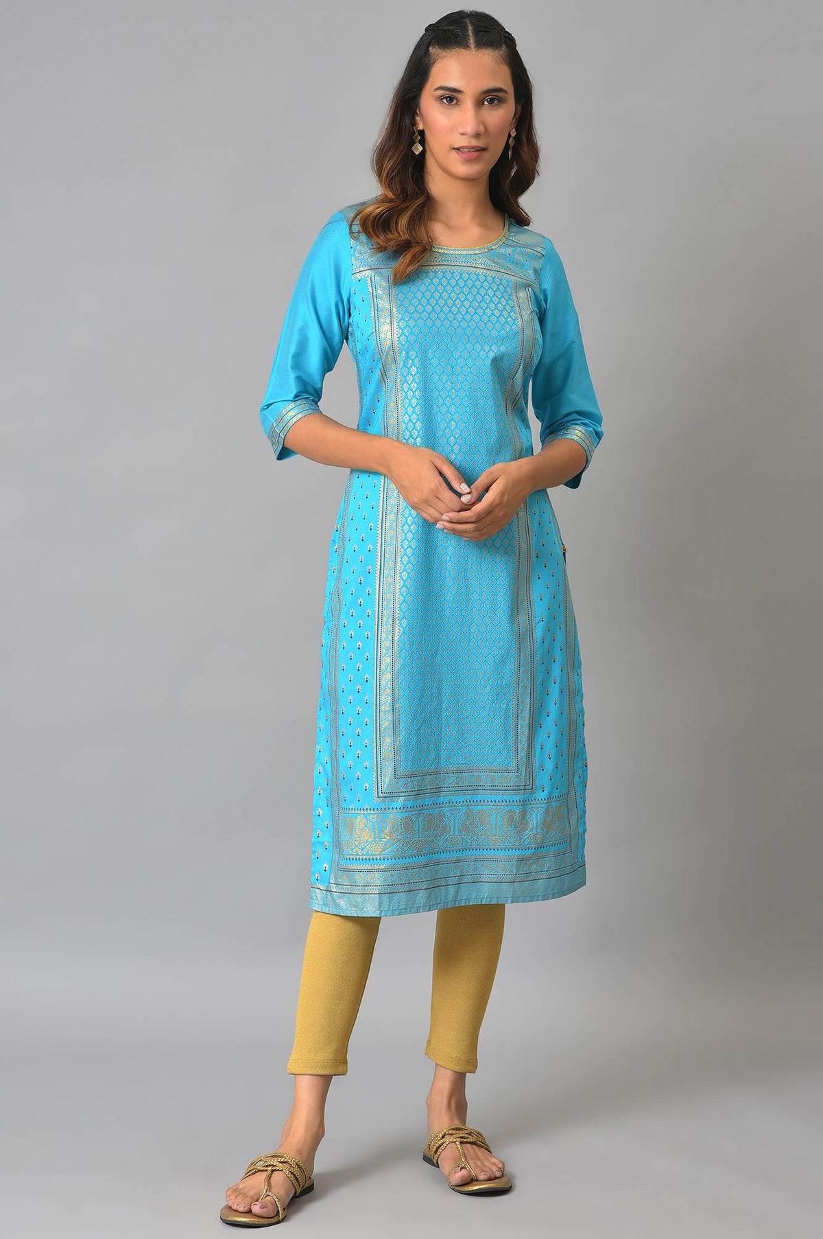 Blue Sequined Foil Printed Festive Straight Kurta - XS