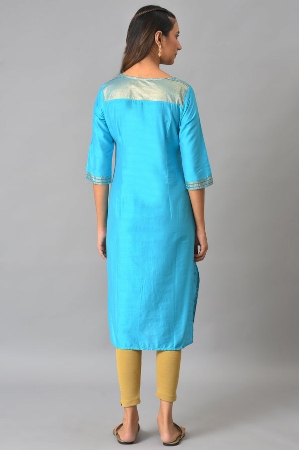 Blue Sequined Foil Printed Festive Straight Kurta
