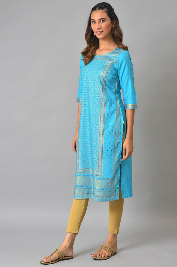 Blue Sequined Foil Printed Festive Straight Kurta