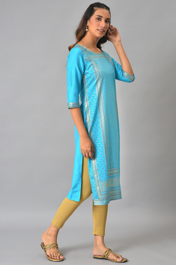 Blue Sequined Foil Printed Festive Straight Kurta