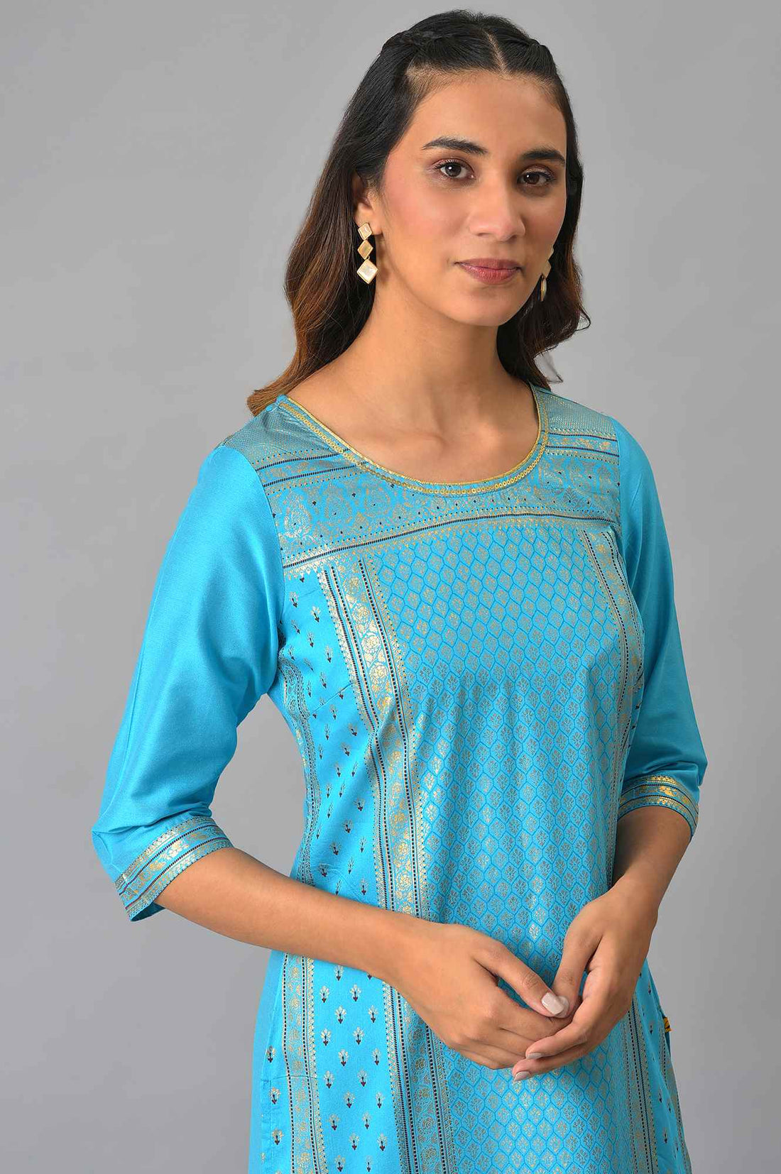 Blue Sequined Foil Printed Festive Straight Kurta