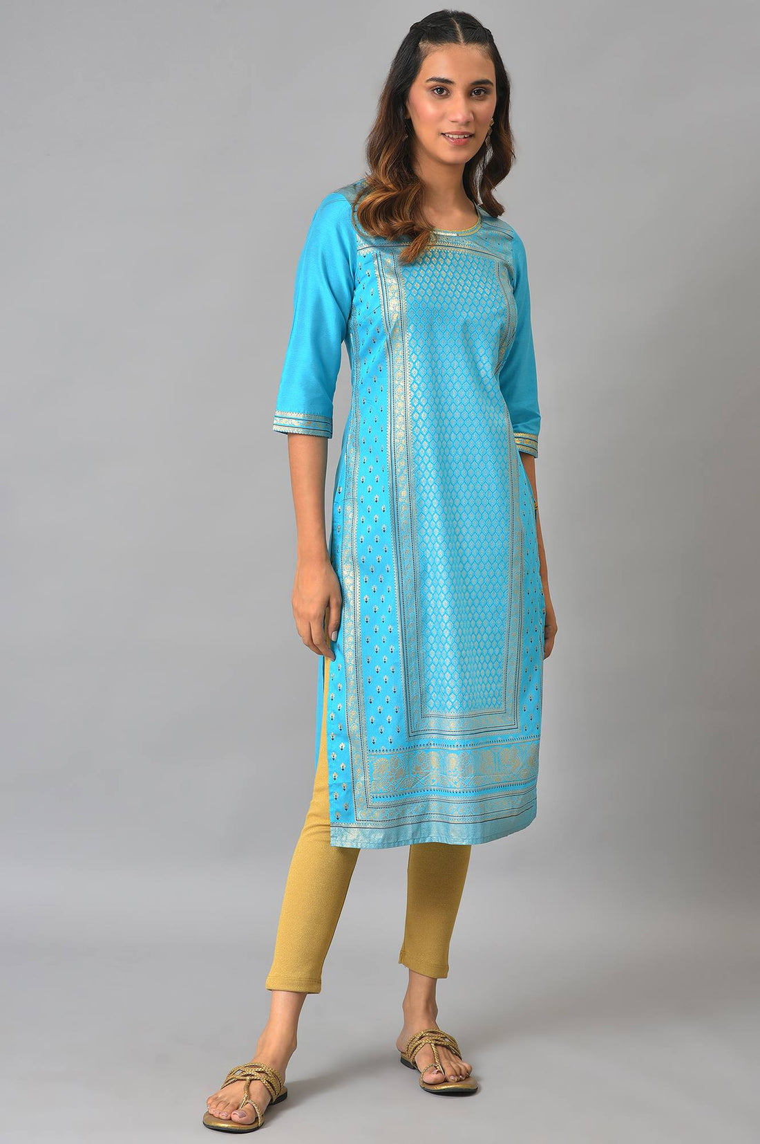 Blue Sequined Foil Printed Festive Straight Kurta