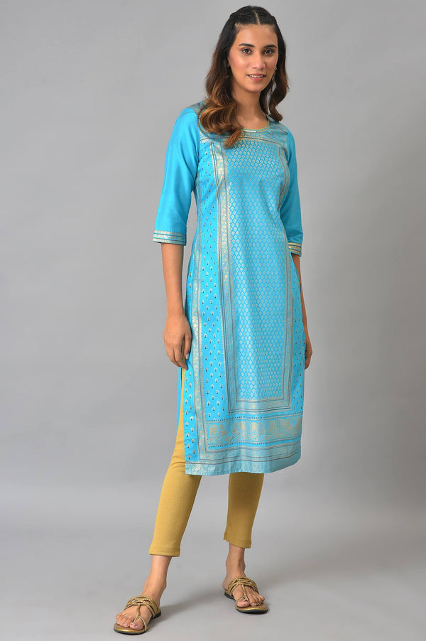 Blue Sequined Foil Printed Festive Straight Kurta