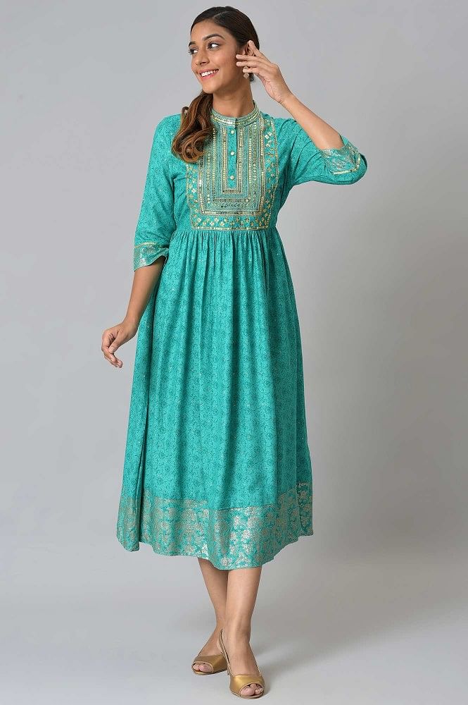 Aqua Green Embroidered Printed kurta - XS