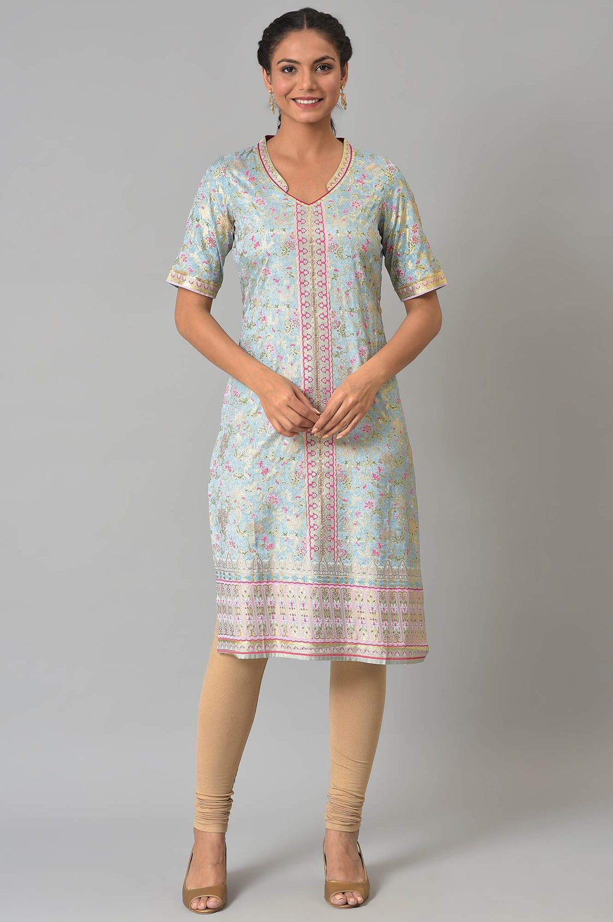 Ice Blue Floral Print Sequined Liva kurta - XS