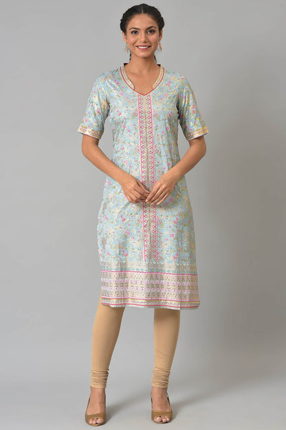 Ice Blue Floral Print Sequined Liva kurta