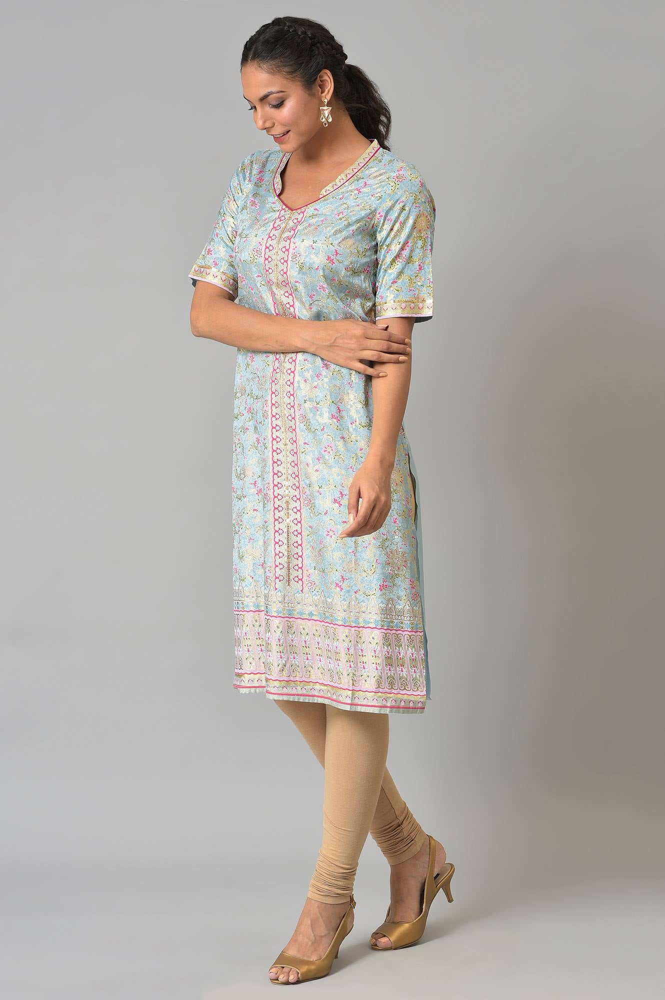 Ice Blue Floral Print Sequined Liva kurta