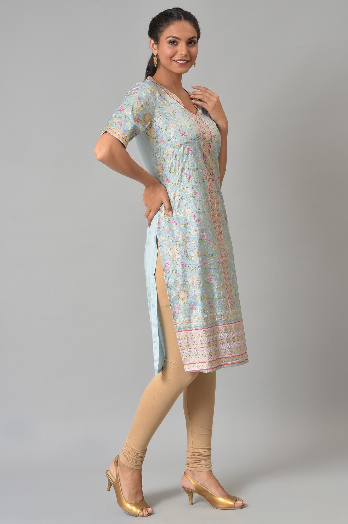 Ice Blue Floral Print Sequined Liva kurta