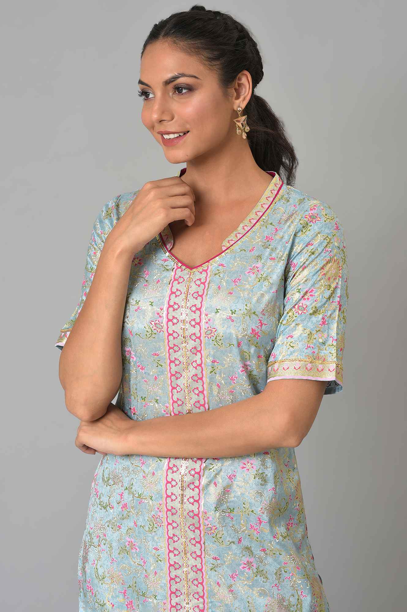 Ice Blue Floral Print Sequined Liva kurta