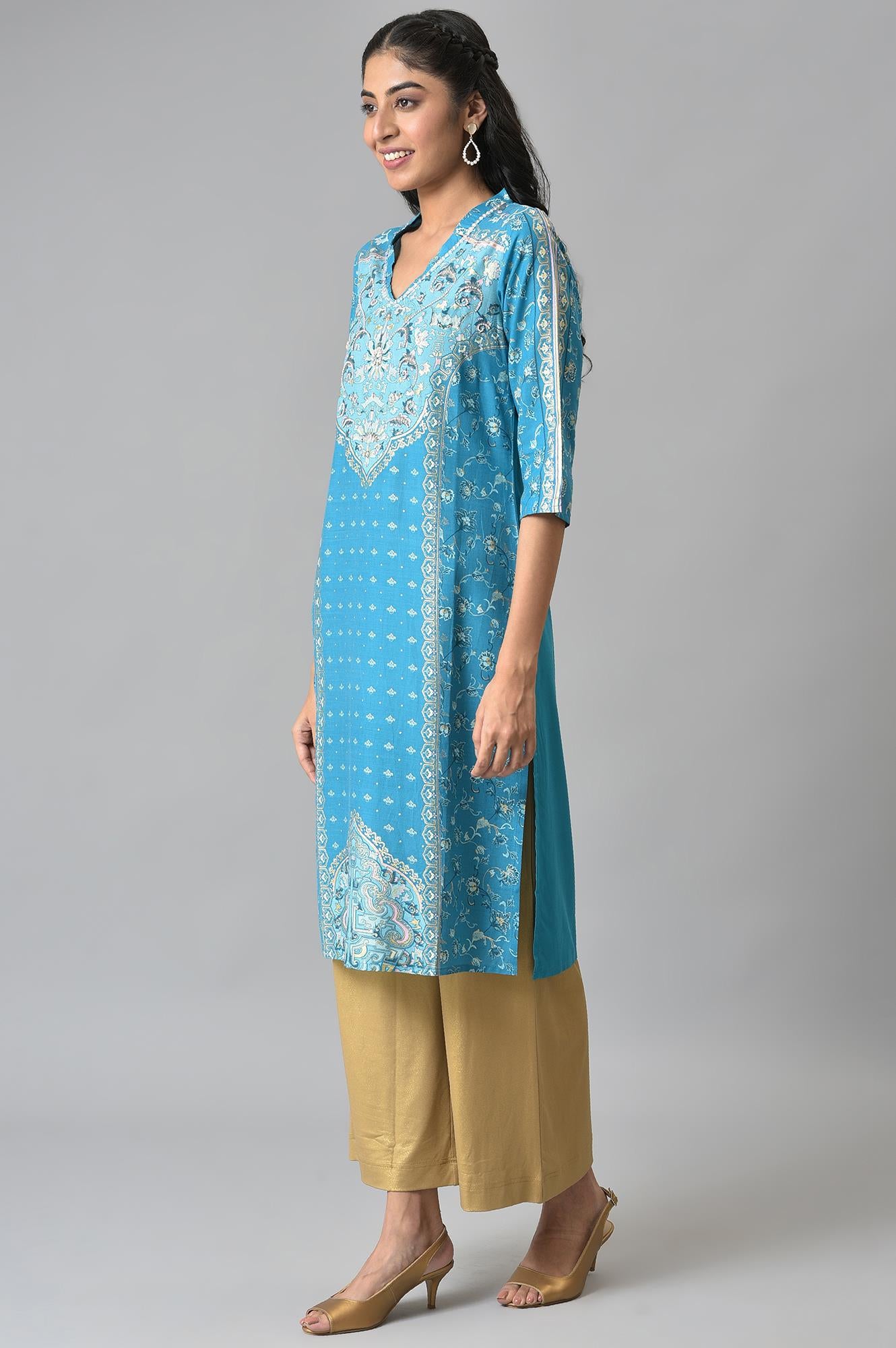 Blue Floral Print Ethnic LIVA kurta with Handwork