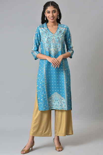 Blue Floral Print Ethnic LIVA kurta with Handwork