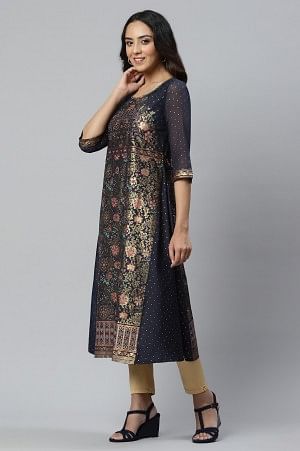 Black A-line Floral Print kurta - XS