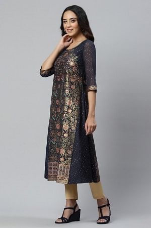 Black A-line Floral Print kurta