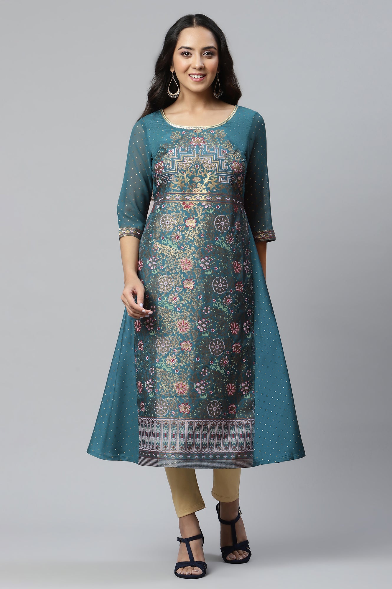 Blue A-line Floral Print kurta