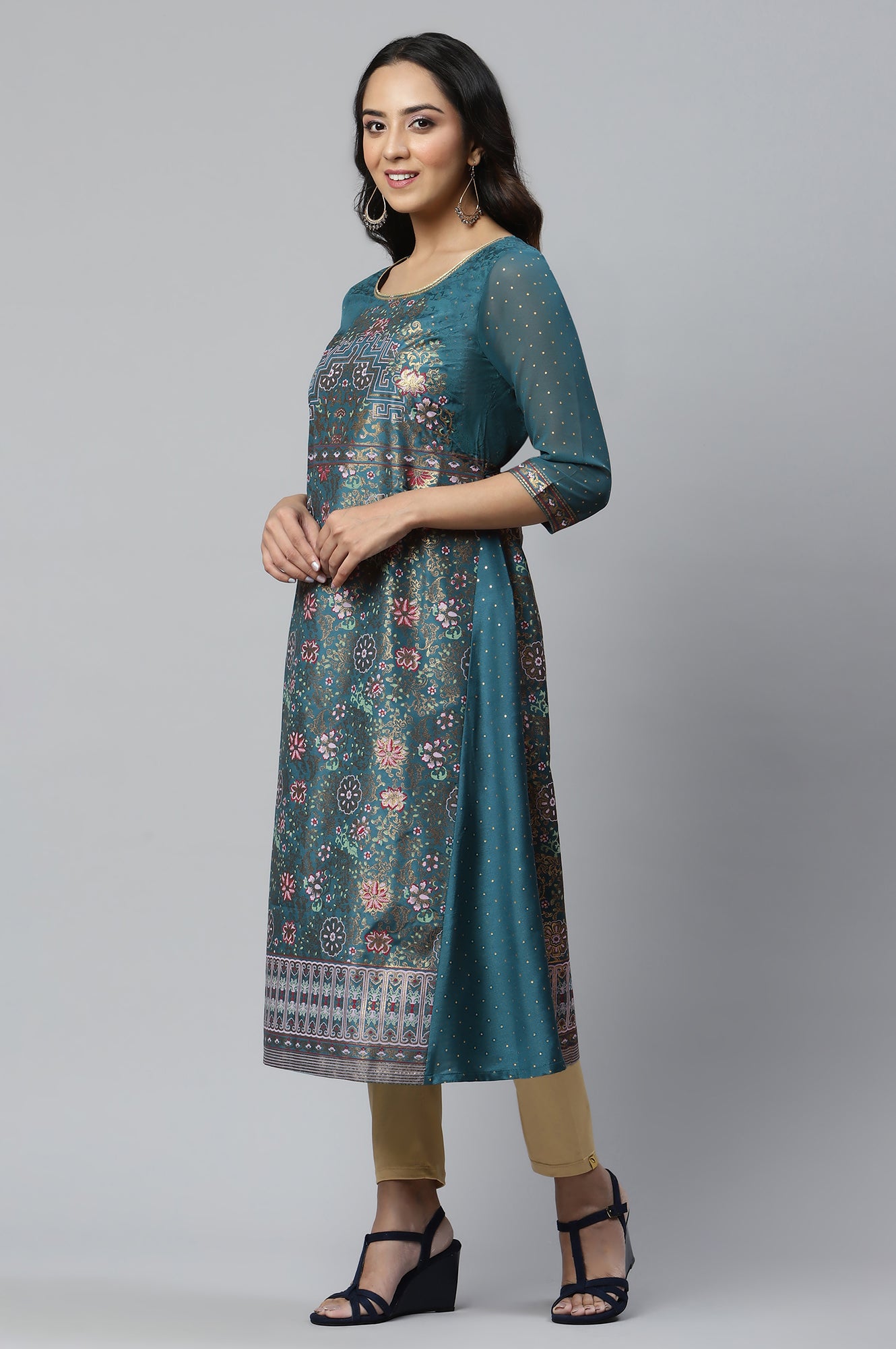 Blue A-line Floral Print kurta