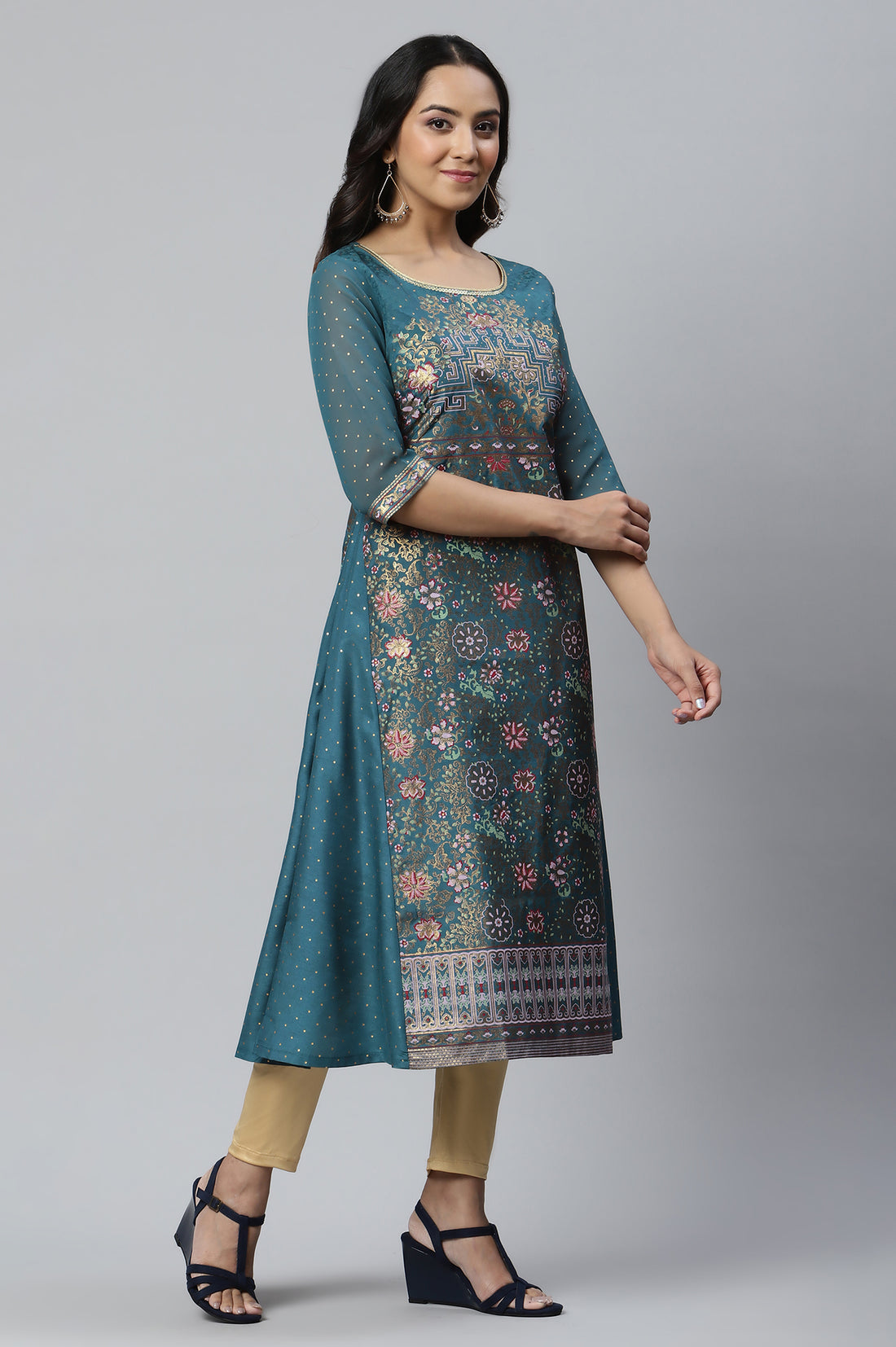 Blue A-line Floral Print kurta