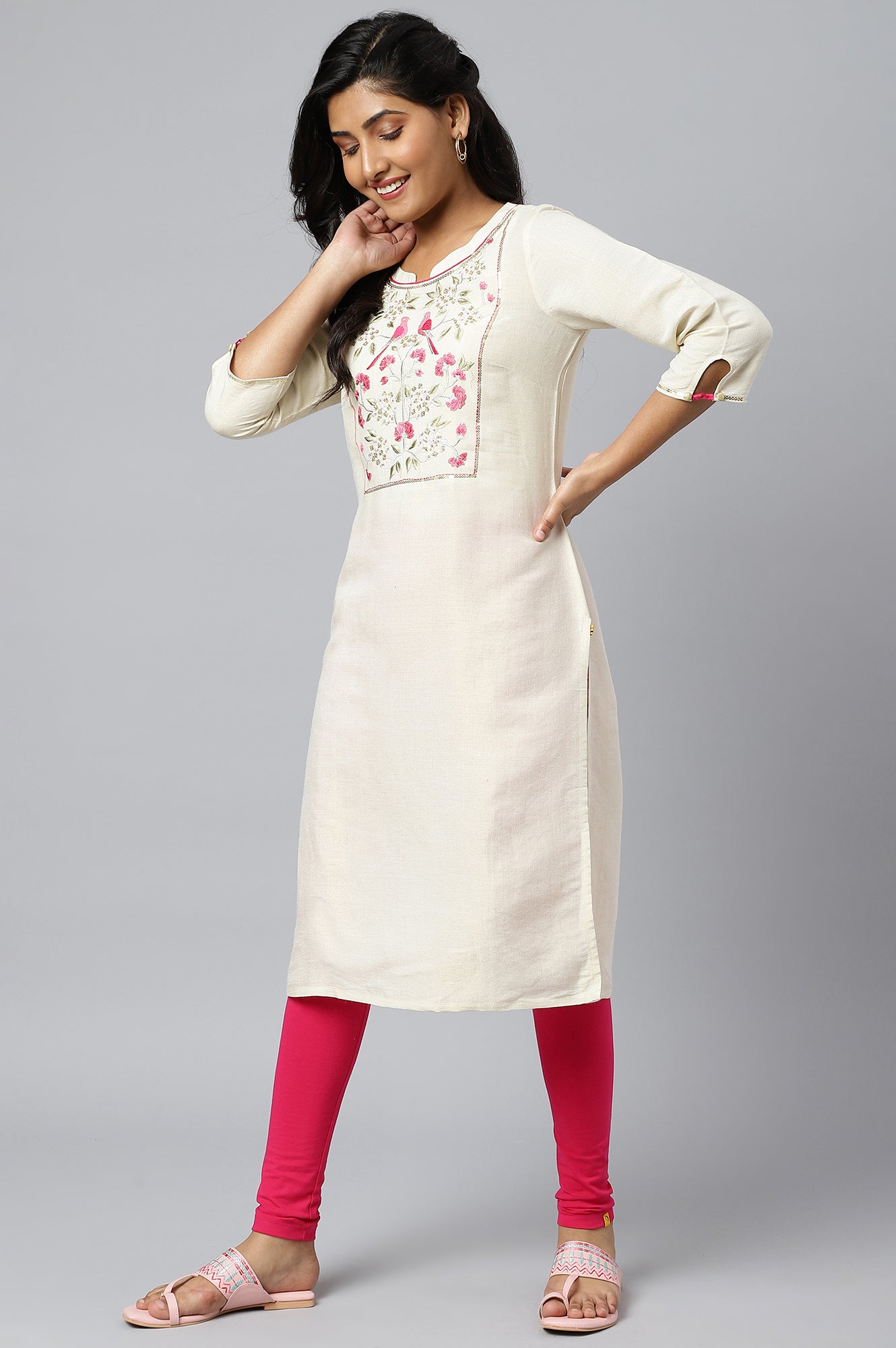 Off White Zari Embroidered Cotton Dobby kurta