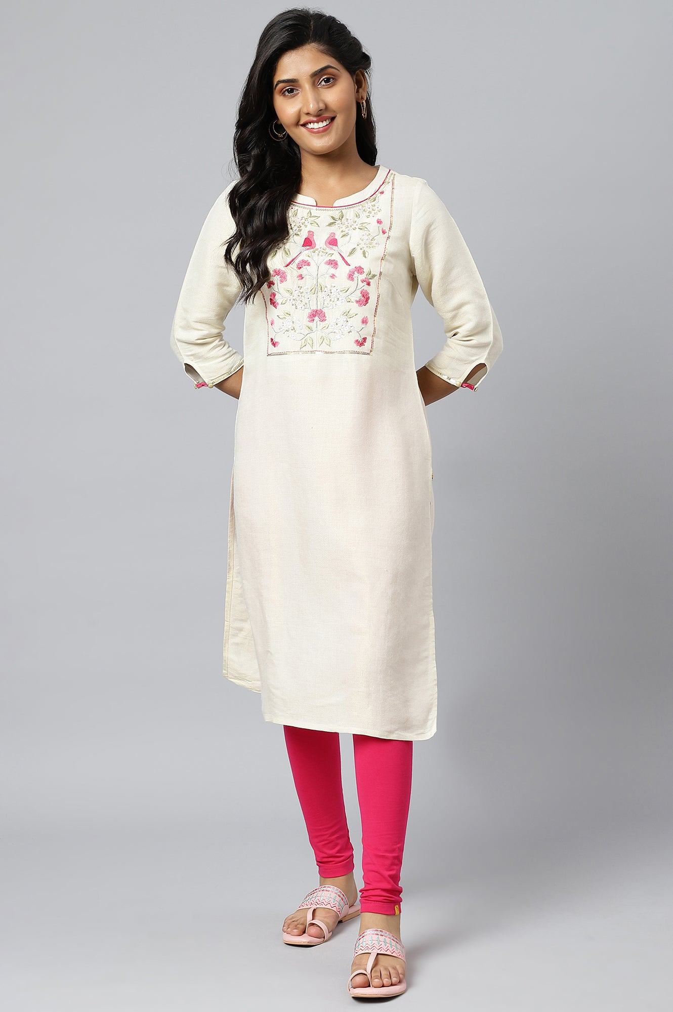 Off White Zari Embroidered Cotton Dobby kurta