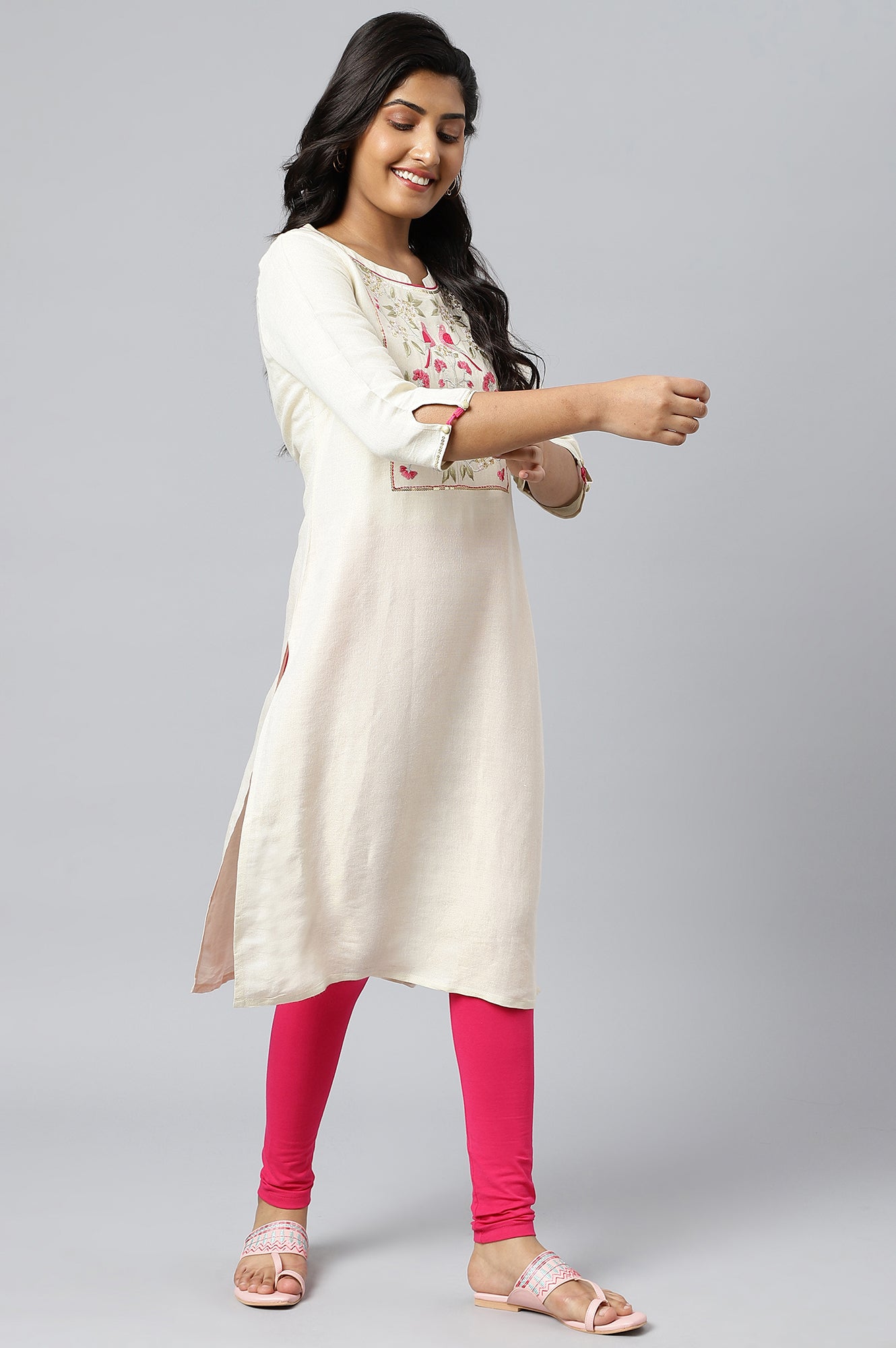 Off White Zari Embroidered Cotton Dobby kurta