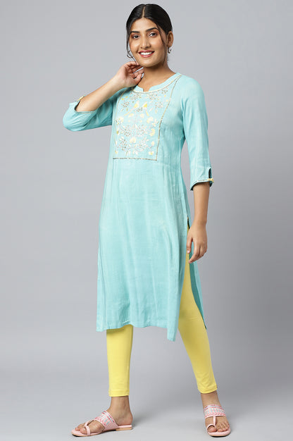 Blue Zari Embroidered Cotton Dobby kurta