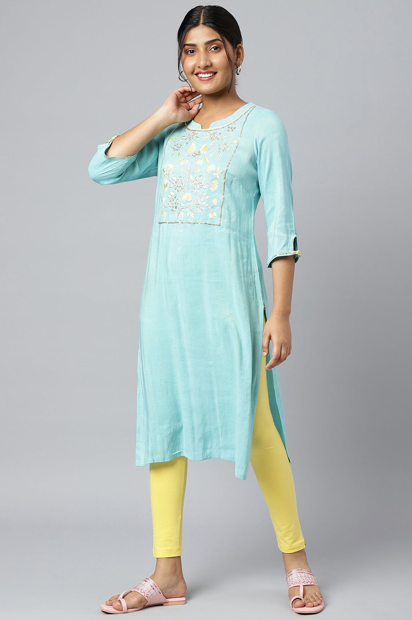 Blue Zari Embroidered Cotton Dobby Plus Size kurta