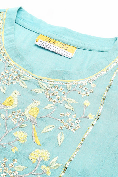 Blue Zari Embroidered Cotton Dobby Plus Size kurta