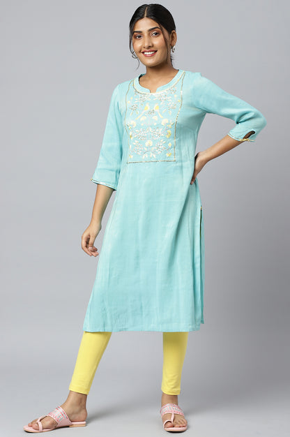 Blue Zari Embroidered Cotton Dobby kurta