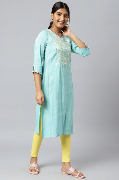 Blue Zari Embroidered Cotton Dobby kurta