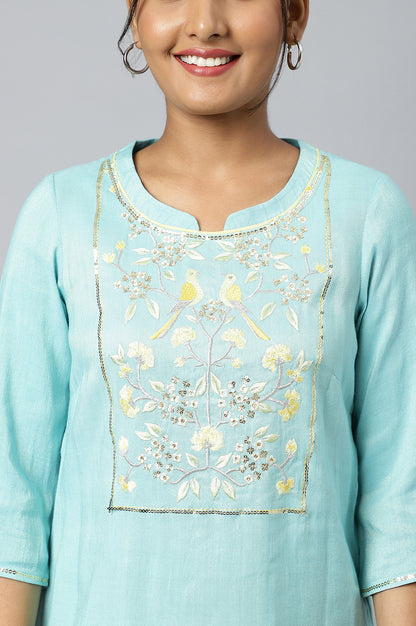 Blue Zari Embroidered Cotton Dobby kurta