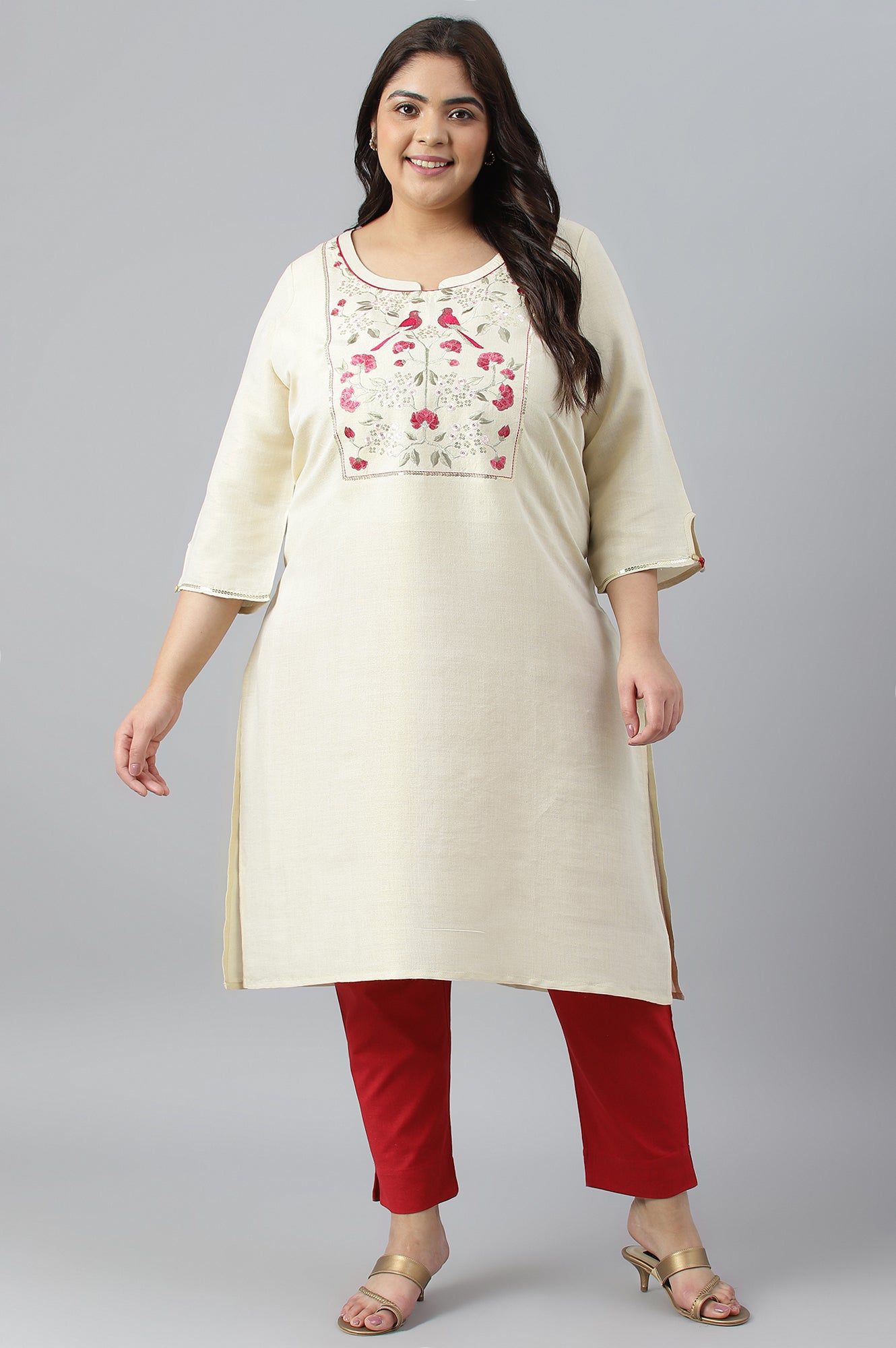 Off White Zari Embroidered Cotton Dobby Plus Size kurta