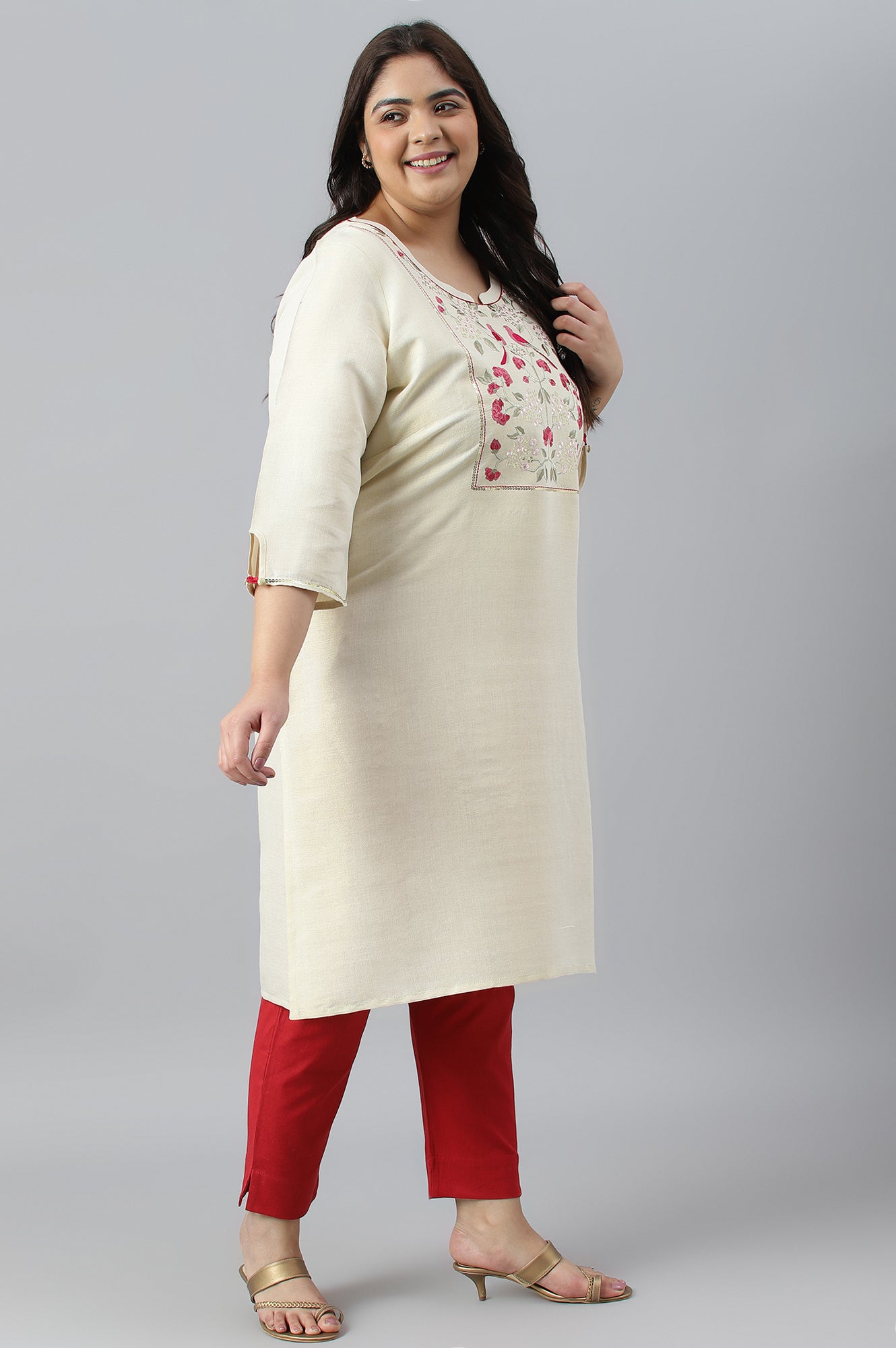 Off White Zari Embroidered Cotton Dobby Plus Size kurta