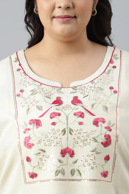 Off White Zari Embroidered Cotton Dobby Plus Size kurta